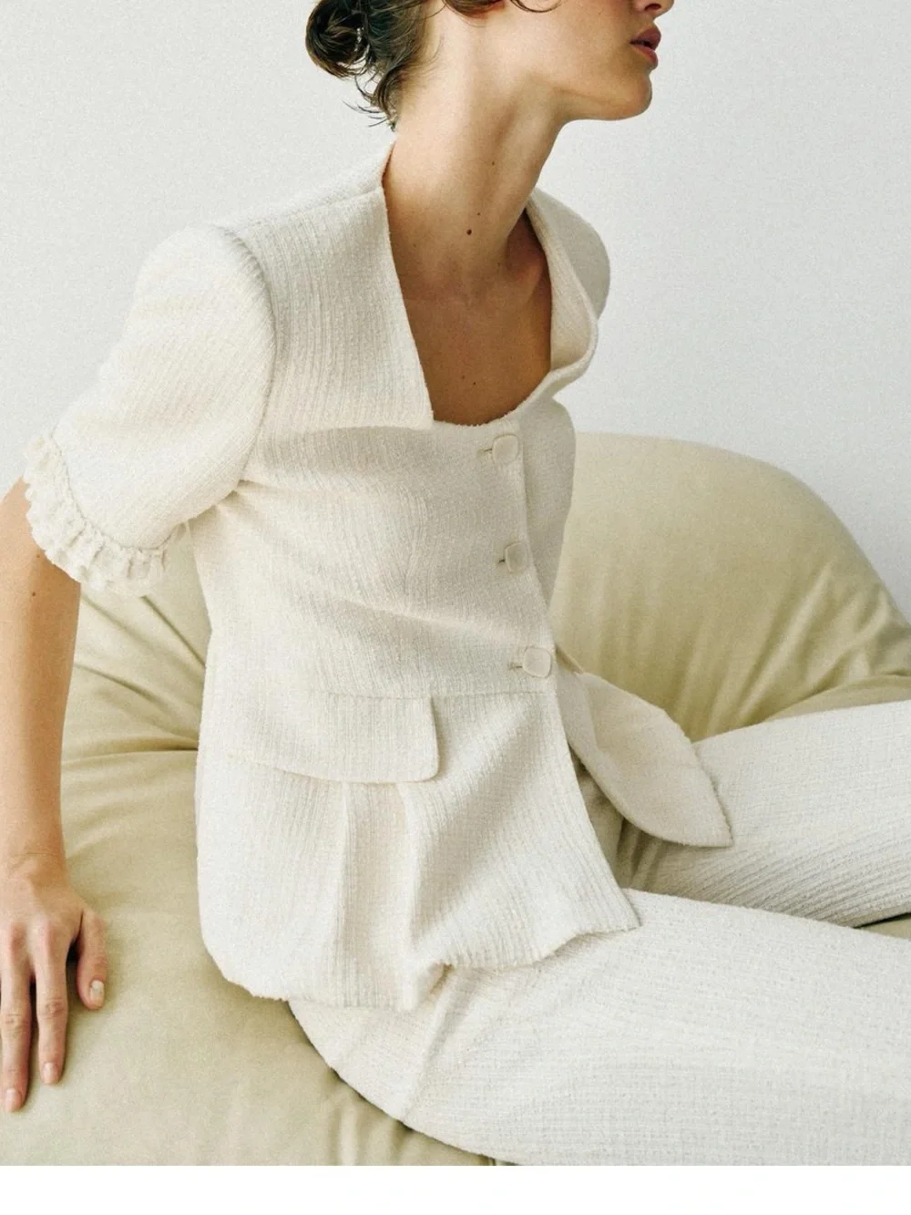 Zara NWT 2 piece matching SET Textured Cream button Top & cropped ruffle Pants